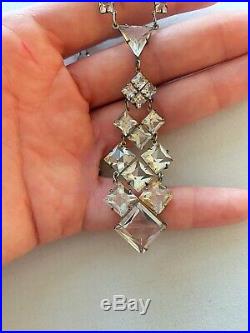 Vintage Antique Art Deco Crystal Paste Sterling Open Back Bezel Lariat Necklace