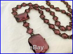 Vintage Antique Art Deco Czech Amethyst Glass Paste Open Back Bezel Set Necklace