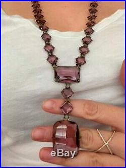 Vintage Antique Art Deco Czech Amethyst Glass Paste Open Back Bezel Set Necklace