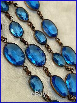 Vintage Antique Art Deco Czech Blue Glass Paste Rivière Open Bezel Set Necklace