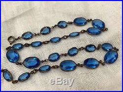 Vintage Antique Art Deco Czech Blue Glass Paste Rivière Open Bezel Set Necklace