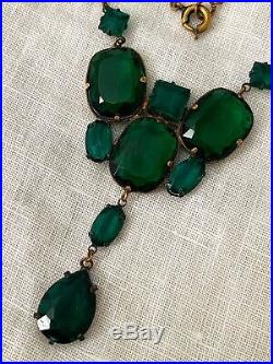 Vintage Antique Art Deco Czech Emerald Green Glass Paste Open Back Necklace