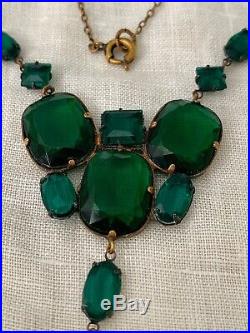 Vintage Antique Art Deco Czech Emerald Green Glass Paste Open Back Necklace