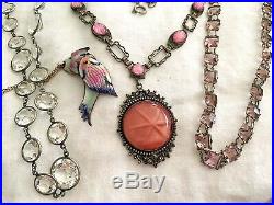 Vintage Antique Art Deco Czech Pink Cabochons Star Burst Glass Bezel Necklace