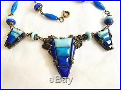 Vintage Antique Art Deco Czech Rose Filigree Turquoise Blue Glass Ombré Necklace