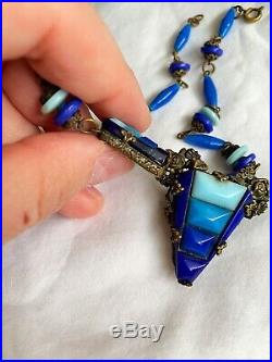 Vintage Antique Art Deco Czech Rose Filigree Turquoise Blue Glass Ombré Necklace