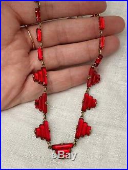 Vintage Antique Art Deco Czech Ruby Red Vauxhall Mirror Back Step Glass Necklace
