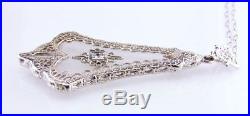 Vintage Antique Art Deco Diamond & Crystal 14K Gold Filigree Necklace Pendant