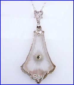 Vintage Antique Art Deco Diamond & Crystal 14K Gold Filigree Necklace Pendant