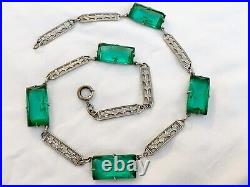 Vintage Antique Art Deco Emerald Green Crystal Paste Bezel Open Back Necklace