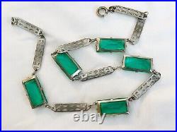 Vintage Antique Art Deco Emerald Green Crystal Paste Bezel Open Back Necklace