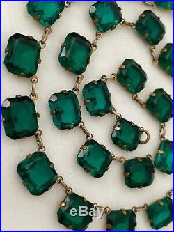 Vintage Antique Art Deco Emerald Green Glass Crystal Paste Open Back Necklace