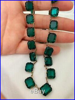 Vintage Antique Art Deco Emerald Green Glass Crystal Paste Open Back Necklace