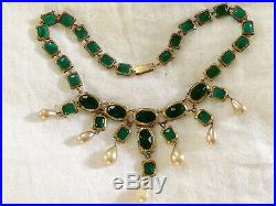 Vintage Antique Art Deco Emerald Renaissance Paste Glass Pearl OpenBack Necklace