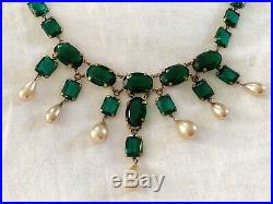 Vintage Antique Art Deco Emerald Renaissance Paste Glass Pearl OpenBack Necklace