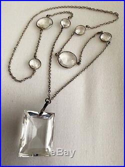 Vintage Antique Art Deco Emerald Rock Crystal Glass Bezel Set Open Back Necklace