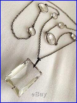 Vintage Antique Art Deco Emerald Rock Crystal Glass Bezel Set Open Back Necklace