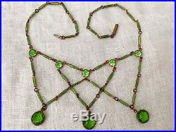 Vintage Antique Art Deco Festoon Peridot Green Paste Glass Open Bezel Necklace