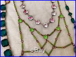 Vintage Antique Art Deco Festoon Peridot Green Paste Glass Open Bezel Necklace