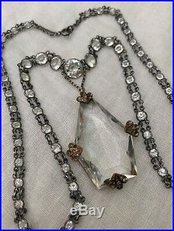 Vintage Antique Art Deco Germany Czech Rock Crystal Bezel Set Open Back Necklace
