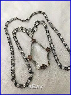 Vintage Antique Art Deco Germany Czech Rock Crystal Bezel Set Open Back Necklace