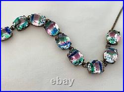 Vintage Antique Art Deco Iris Glass Crystal Open Back Bezel Necklace