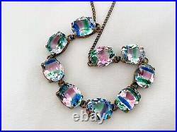 Vintage Antique Art Deco Iris Glass Crystal Open Back Bezel Necklace