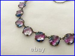 Vintage Antique Art Deco Iris Glass Crystal Open Back Bezel Necklace