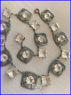 Vintage Antique Art Deco Lace Filagree Crystal Paste Open Back Silver Necklace