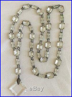 Vintage Antique Art Deco Long Crystal Glass Paste Bezel Open Back Necklace