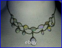 Vintage Antique Art Deco Natural Solid Fiery Opal Silver Festoon Necklace
