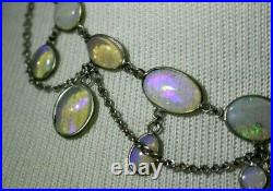 Vintage Antique Art Deco Natural Solid Fiery Opal Silver Festoon Necklace