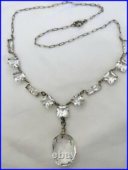 Vintage Antique Art Deco Paste Crystal Glass Open Back Sterling Drop Necklace