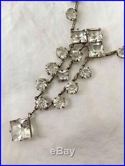 Vintage Antique Art Deco Paste Crystal Glass Open Back Sterling Lariat Necklace