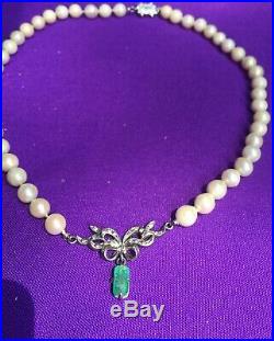 Vintage Antique Art Deco Pearl 1.00 Carat Emerald Diamond Palladium Necklace
