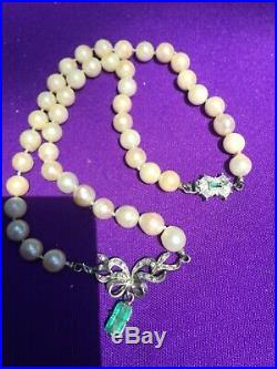 Vintage Antique Art Deco Pearl 1.00 Carat Emerald Diamond Palladium Necklace