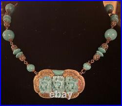 Vintage Antique Art Deco Peking Glass Czech Neiger Ornate Brass Necklace