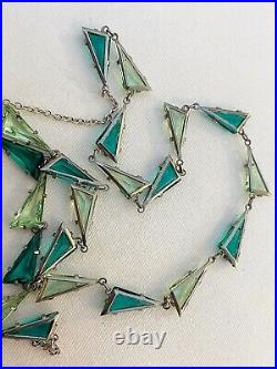 Vintage Antique Art Deco Peridot Green Crystal Paste Bezel Open Back Necklace