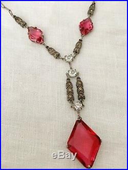 Vintage Antique Art Deco Pink Diamond Paste Crystal Open Back Lariat Necklace