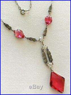 Vintage Antique Art Deco Pink Diamond Paste Crystal Open Back Lariat Necklace