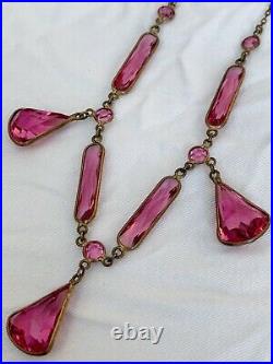 Vintage Antique Art Deco Pink Ice Crystal Paste Open Back Bezel Set Necklace