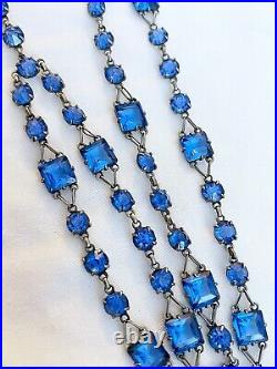 Vintage Antique Art Deco Platinon Sapphire Blue Paste Open Back Bezel Necklace
