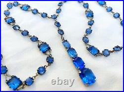 Vintage Antique Art Deco Platinon Sapphire Blue Paste Open Back Bezel Necklace