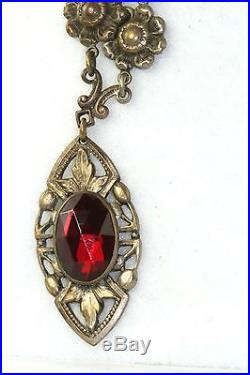Vintage Antique Art Deco Rare Red Bohemian Cut Czech Glass Necklace