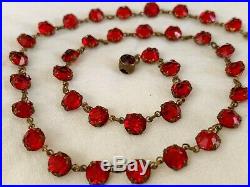 Vintage Antique Art Deco Ruby Red Paste Glass Crystal Open Back Bezel Necklace