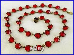 Vintage Antique Art Deco Ruby Red Paste Glass Crystal Open Back Bezel Necklace