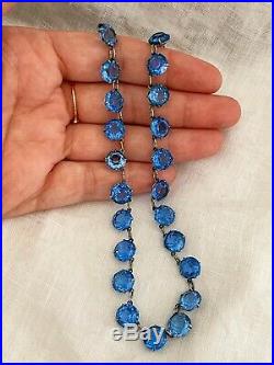 Vintage Antique Art Deco Sapphire Blue Glass Paste Open Back Bezel Set Necklace