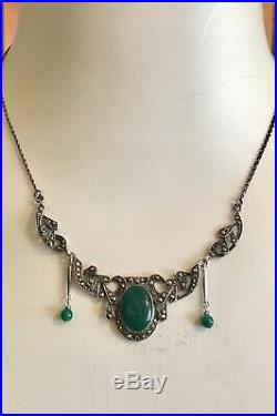 Vintage Antique Art Deco Sterling Chrysoprase Marcasite Necklace