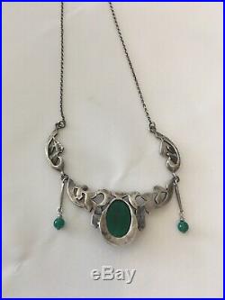 Vintage Antique Art Deco Sterling Chrysoprase Marcasite Necklace