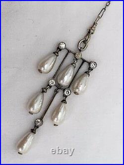 Vintage Antique Art Deco Sterling Crystal Glass Pearl Paste Bezel Long Necklace